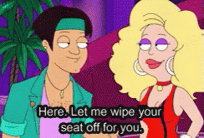 A Cartoon Of A Man And A Woman Talking With The Words Here Let Me Wipe Your Seat Off For You GIF