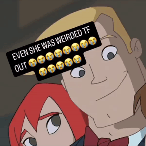 A Cartoon Of A Man And A Woman With A Sign That Says Even She Was Weirded Tf Out GIF