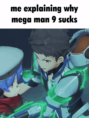 A Cartoon Of A Man And A Woman With The Caption " Me Explaining Why Mega Man 9 Sucks " GIF