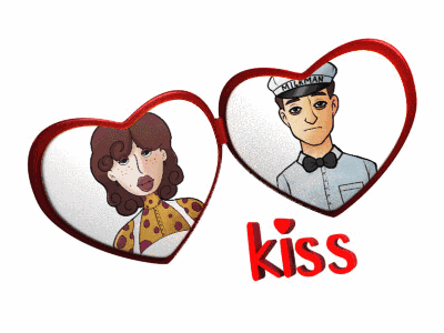 A Cartoon Of A Man And A Woman With The Word Kiss Underneath GIF