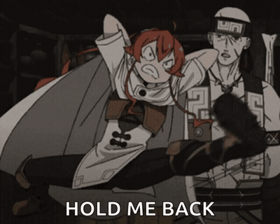 A Cartoon Of A Man And A Woman With The Words Hold Me Back On The Bottom GIF