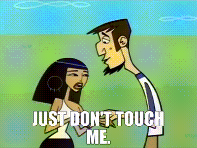 A Cartoon Of A Man And A Woman With The Words Just Don T Touch Me GIF