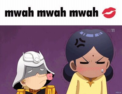 A Cartoon Of A Man And A Woman With The Words " Mwah Mwah Mwah " At The Top GIF