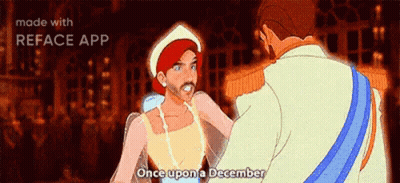 A Cartoon Of A Man And A Woman With The Words Once Upon A December Written Below Them GIF