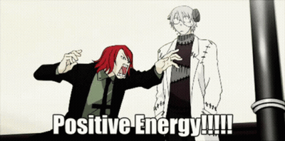 A Cartoon Of A Man And A Woman With The Words Positive Energy !!! GIF