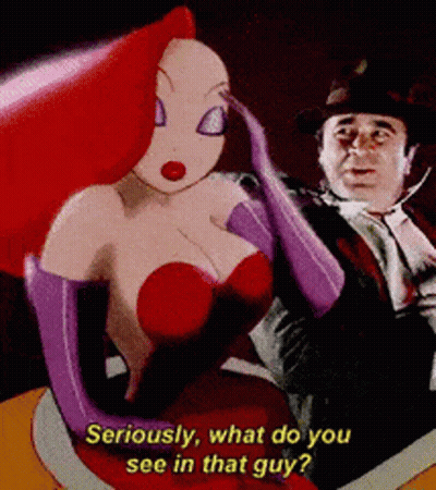 A Cartoon Of A Man And A Woman With The Words Seriously What Do You See In That Guy On The Bottom GIF