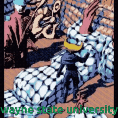 A Cartoon Of A Man And A Woman With The Words Wayne State University In Green GIF