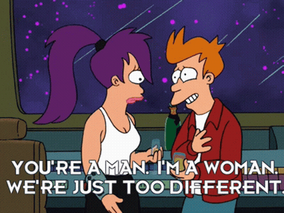 A Cartoon Of A Man And A Woman With The Words " You 'Re A Man I 'M A Woman " GIF