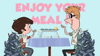 A Cartoon Of A Man And Boy Sitting At A Table With The Words Enjoy Your Meal Behind Them GIF