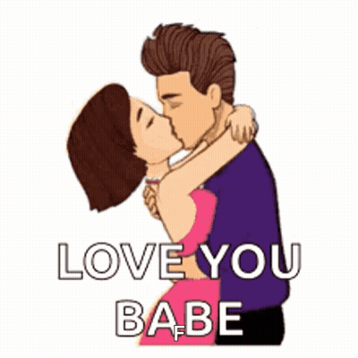 A Cartoon Of A Man And Woman Hugging Each Other With The Words Love You Babe GIF
