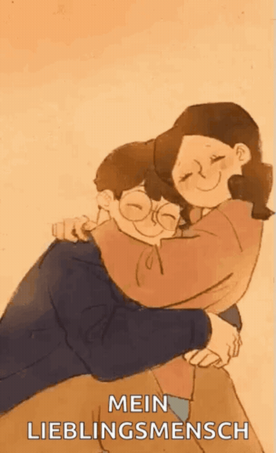 A Cartoon Of A Man And Woman Hugging Each Other With The Words `` Mein Lieblingsmensch '' Written On The Bottom . GIF