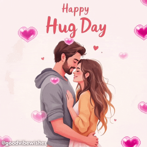 A Cartoon Of A Man And Woman Hugging With The Words Happy Hug Day Above Them GIF