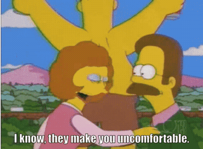 A Cartoon Of A Man And Woman Hugging With The Words " I Know They Make You Uncomfortable " Below Them GIF