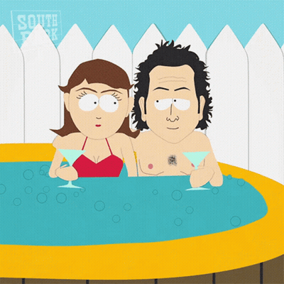 A Cartoon Of A Man And Woman In A Hot Tub With South Park Written On The Fence Behind Them GIF