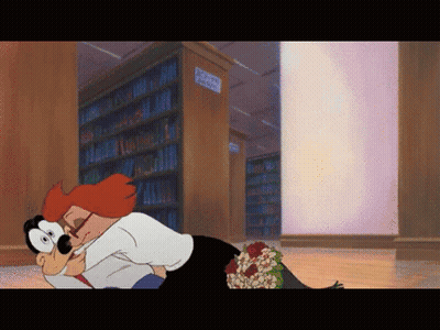 A Cartoon Of A Man And Woman Kissing In A Library With A Sign That Says Library GIF