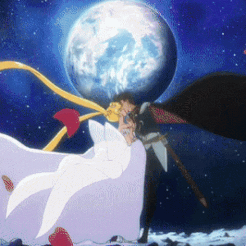 A Cartoon Of A Man And Woman Kissing In Front Of A Full Moon GIF