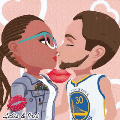 A Cartoon Of A Man And Woman Kissing With The Man Wearing A Golden State Jersey GIF