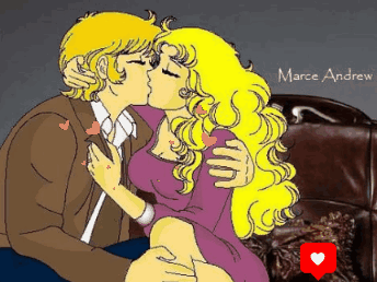 A Cartoon Of A Man And Woman Kissing With The Name Marce Andrew On The Bottom Right GIF