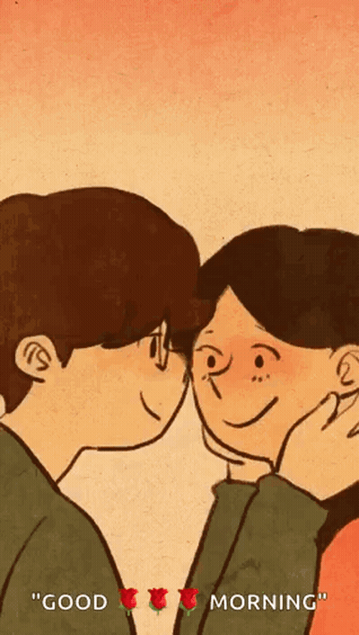 A Cartoon Of A Man And Woman Kissing With The Words " Good Morning " On The Bottom GIF