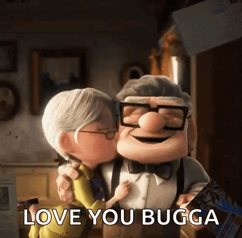 A Cartoon Of A Man And Woman Kissing With The Words Love You Bugga Above Them GIF