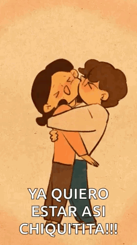 A Cartoon Of A Man And Woman Kissing With The Words `` Ya Quiero Estar Asi Chiquita !!! '' GIF