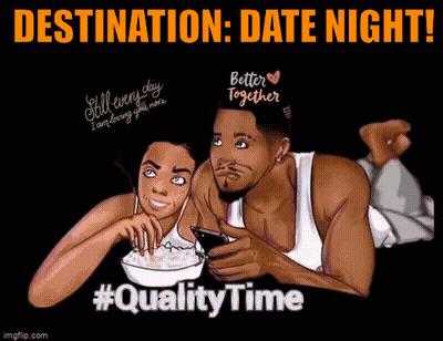 A Cartoon Of A Man And Woman Laying Next To Each Other With The Words Destination Date Night Below Them GIF