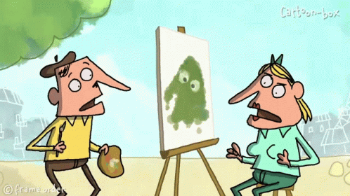 A Cartoon Of A Man And Woman Looking At A Painting On An Easel GIF