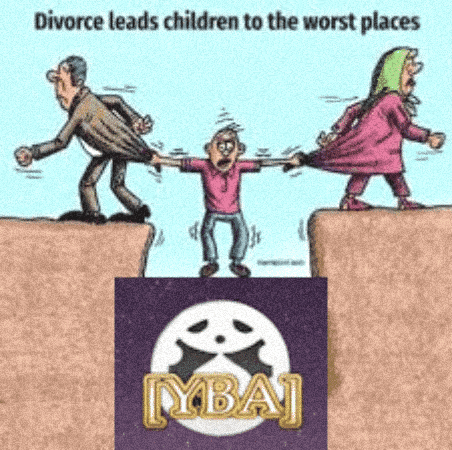 A Cartoon Of A Man And Woman Pulling A Child Over A Cliff With The Caption Divorce Leads Children To The Worst Places GIF