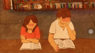 A Cartoon Of A Man And Woman Reading Books GIF