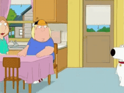 A Cartoon Of A Man And Woman Sitting At A Table With A Dog Standing In Front Of Them GIF