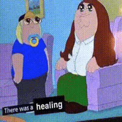 A Cartoon Of A Man And Woman Sitting On A Couch With A Sign That Says There Was A Healing On It GIF