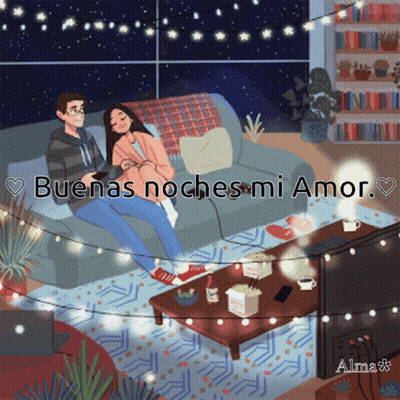 A Cartoon Of A Man And Woman Sitting On A Couch With The Words Buenas Noches Mi Amor GIF