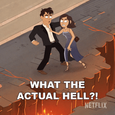 A Cartoon Of A Man And Woman With The Words What The Actual Hell GIF