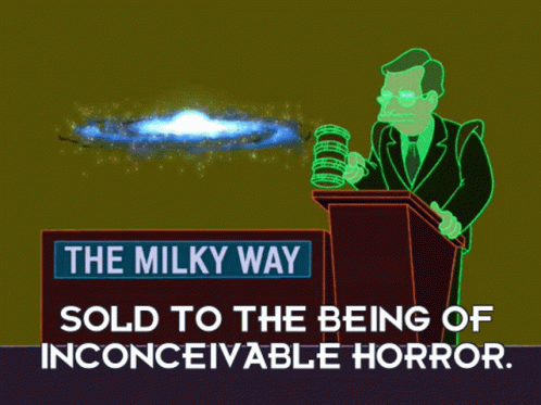 A Cartoon Of A Man At A Podium With A Milky Way Behind Him GIF