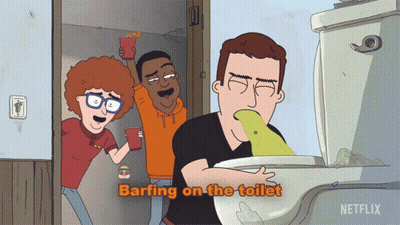 A Cartoon Of A Man Barfing On A Toilet With Netflix Written On The Bottom GIF