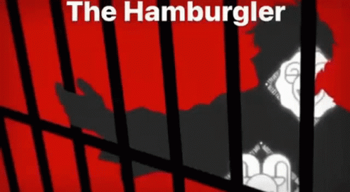 A Cartoon Of A Man Behind Bars With The Words The Hamburger On The Bottom GIF