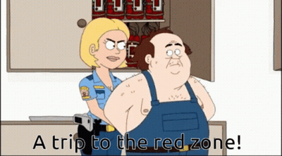 A Cartoon Of A Man Being Arrested By A Police Officer With The Words A Trip To The Red Zone GIF