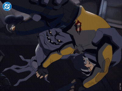 A Cartoon Of A Man Being Attacked By A Monster With A Dc Logo In The Background GIF
