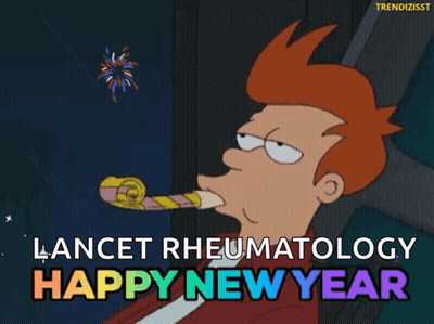 A Cartoon Of A Man Blowing A Party Horn With The Words Lancet Rheumatology Happy New Year GIF
