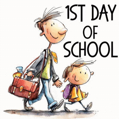 A Cartoon Of A Man Carrying A Briefcase And A Boy Walking With The Words 1St Day Of School Below Them GIF
