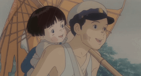 A Cartoon Of A Man Carrying A Child On His Back With An Umbrella GIF