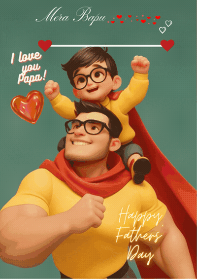 A Cartoon Of A Man Carrying A Child On His Shoulders With The Words Happy Fathers Day On The Bottom GIF
