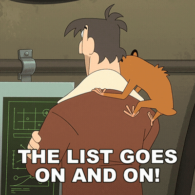A Cartoon Of A Man Carrying A Monkey On His Shoulders With The Words The List Goes On And On GIF