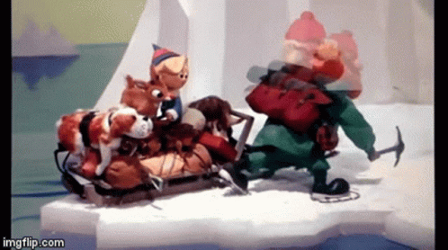 A Cartoon Of A Man Carrying A Sleigh Full Of Stuffed Animals And Dogs GIF