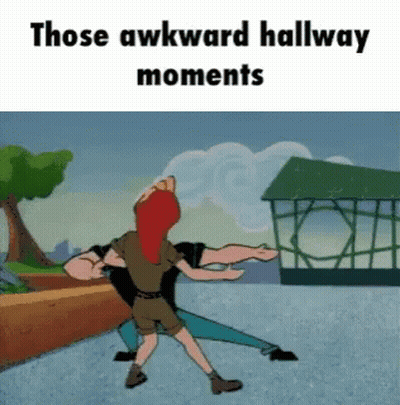 A Cartoon Of A Man Carrying Another Man On His Back With The Caption Those Awkward Hallway Moments GIF