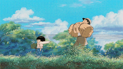 A Cartoon Of A Man Carrying Hay On His Back And A Girl Standing In The Grass GIF