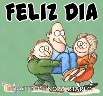 A Cartoon Of A Man Carrying Two Children In His Arms With The Words Feliz Dia On The Bottom GIF