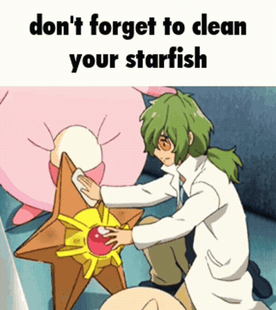 A Cartoon Of A Man Cleaning A Starfish With The Words Do N't Forget To Clean Your Starfish . GIF