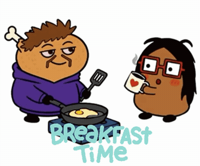 A Cartoon Of A Man Cooking An Egg Next To A Potato Holding A Mug That Says Breakfast Time GIF