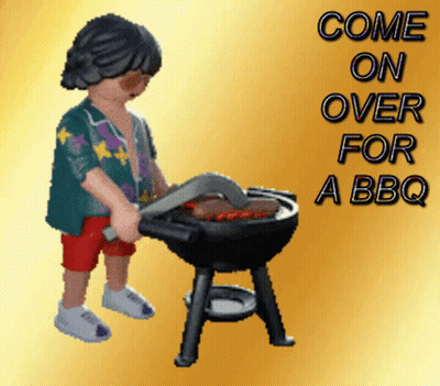 A Cartoon Of A Man Cooking On A Grill With The Words Come On Over For A Bbq GIF
